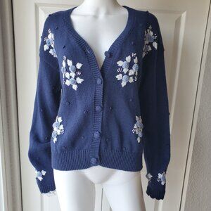 Cherry Stix LTD Vintage 90's Blue Flower Embroidered Knit Sweater Cardigan Small